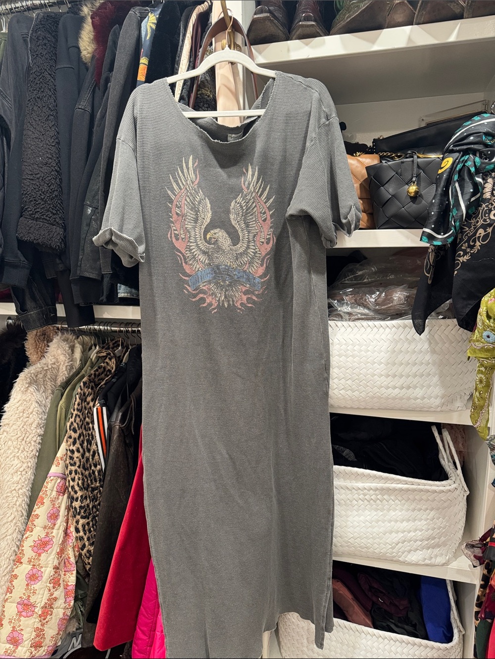 Free People Gray Maxi Dress with Eagle Graphic. Waffle texture